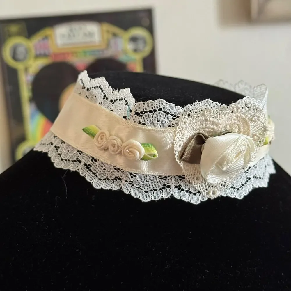 Bridal Lace Ribbon Choker Necklace Handmade Cream Rosette Anna Konya Wedding VNT